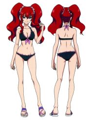  1girl ass bikini black_bikini blue_eyes breasts cleavage closed_mouth cross_ange frilled_bikini frills full_body hair_ornament hair_scrunchie highres hilda_(cross_ange) long_hair looking_at_viewer medium_breasts multiple_views navel official_art red_hair scrunchie simple_background smile swimsuit twintails white_background 