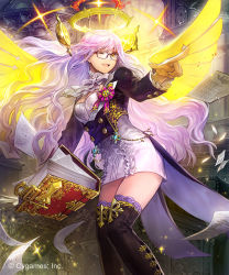  1girl ;d black_coat book breasts cleavage_cutout clothing_cutout coat coattails commentary_request dress fantasy feet_out_of_frame glasses glowing golden_wings hakou_(barasensou) halo jewelry light_purple_hair long_hair medium_breasts official_art one_eye_closed open_mouth orange_eyes paper pencil_dress pointing shingeki_no_bahamut smile solo standing thighhighs thighs zettai_ryouiki 