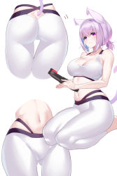 1girl alternate_costume alternate_hairstyle animal_ear_fluff animal_ears ass barefoot blush breasts butt_crack cat_ears cat_tail cleavage closed_mouth clothing_cutout collarbone commentary crop_top full_body gluteal_fold hair_between_eyes highres hololive kaneko_(bblogtinhan) large_breasts legs light_purple_hair light_smile looking_at_viewer lower_body midriff multiple_views navel nekomata_okayu pants purple_eyes ring-con seiza short_hair short_ponytail simple_background sitting smile symbol-only_commentary tail tail_through_clothes tank_top thigh_gap thighs tight_clothes tight_pants virtual_youtuber white_background white_pants white_tank_top yoga_pants rating:Sensitive score:123 user:danbooru