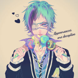 1boy beige_background blue_hair cross cross_necklace earrings english_text eyepatch food ibuki_(carol) ice_cream jewelry male_focus medical_eyepatch multicolored_hair necklace necktie open_mouth original piercing purple_eyes purple_hair purple_shirt ring shirt simple_background slit_pupils solo striped_clothes striped_necktie striped_shirt