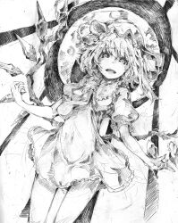  1girl cowboy_shot crystal_wings flandre_scarlet from_below graphite_(medium) greyscale hat highres mob_cap monochrome open_mouth sketch solo tim_(a9243190a) touhou traditional_media 