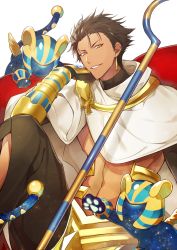  1boy abs bracer brown_hair dark_skin dark-skinned_male earrings egyptian egyptian_clothes fate/grand_order fate/prototype fate/prototype:_fragments_of_blue_and_silver fate_(series) grin hand_on_own_cheek hand_on_own_face highres jewelry looking_at_viewer male_focus navel nitaka_(fujikichi) ozymandias_(fate) parted_lips smile solo yellow_eyes  rating:Sensitive score:8 user:danbooru