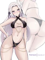  1girl absurdres ass bikini black_bikini blush breasts cameltoe chascoby contrapposto edelgard_von_hresvelg fire_emblem fire_emblem:_three_houses gluteal_fold hair_ribbon highres long_hair looking_at_viewer medium_breasts multiple_views navel nintendo patreon_username purple_eyes ribbon stomach swimsuit thighs very_long_hair white_hair wide_hips yomorio_lingerie  rating:Questionable score:26 user:danbooru
