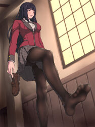  1girl black_hair black_pantyhose black_skirt blazer blunt_bangs breasts brown_eyes brown_footwear collared_shirt feet feet_out_of_frame foot_focus gluteal_fold highres hime_cut holding holding_clothes holding_shoes hyakkaou_academy_school_uniform indoors jabami_yumeko jacket kakegurui large_breasts legs light_blush lips loafers long_hair maku_(l-u) open_mouth pantyhose parted_lips pleated_skirt red_eyes red_jacket school_uniform shirt shoes sidelocks skirt small_breasts smile soles solo standing standing_on_one_leg steaming_body toes unworn_shoes unworn_socks very_long_hair white_shirt window  rating:Sensitive score:36 user:danbooru