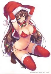  1girl absurdres armpits arms_up bell bikini blue_eyes blush boots breasts brown_hair capelet christmas cleavage elbow_gloves fur_trim gloves hair_bell hair_ornament hat highres knee_boots large_breasts long_hair looking_at_viewer open_mouth original page_number pom_pom_(clothes) red_gloves red_thighhighs santa_bikini santa_hat scan shiny_clothes side-tie_bikini_bottom simple_background smile solo squatting swimsuit thighhighs tomose_shunsaku white_background  rating:Questionable score:22 user:danbooru