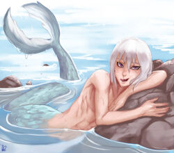 abs hoozuki_suigetsu in_water leaning_on_arm leaning_on_object looking_at_viewer male_focus mermaid_tail naruto_(series) naruto_shippuuden open_mouth purple_eyes rock sharp_teeth skinny solo spiked_hair teeth wet wet_hair white_hair