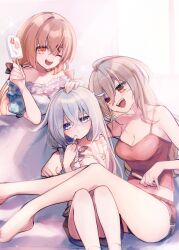  3girls absurdres alternate_costume bare_legs black_ribbon blush breasts brown_hair cleavage closed_mouth couch facial_scar food gangut_(kancolle) grey_hair hair_between_eyes hair_ornament hair_ribbon hairclip hand_on_another&#039;s_head hibiki_(kancolle) highres holding holding_food kantai_collection long_hair medium_breasts megane_poni multiple_girls off_shoulder one_eye_closed open_mouth orange_eyes popsicle popsicle_stick ribbon scar scar_on_cheek scar_on_face short_shorts shorts sitting tashkent_(kancolle) teeth upper_teeth_only 