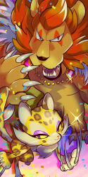  1boy 1girl animal_ears clawroline claws colored_sclera eyeshadow fangs furry furry_female furry_male highres kirby_(series) kirby_and_the_forgotten_land leongar leopard_ears leopard_tail lion_ears looking_at_viewer makeup mikku_(micpbwpicture) nintendo open_mouth purple_eyes sparkle tail yellow_sclera 