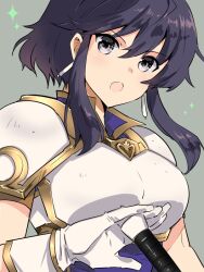  1girl :o armor black_eyes breastplate commentary_request earrings fire_emblem fire_emblem:_genealogy_of_the_holy_war gloves gold_trim grey_background jewelry larcei_(fire_emblem) looking_at_viewer nintendo ootani_mikoto pauldrons short_hair_with_long_locks shoulder_armor sidelocks simple_background solo sword weapon white_armor white_gloves 
