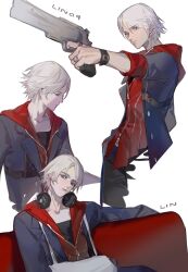  1boy bishounen blue_eyes blue_rose_(gun) devil_bringer devil_may_cry devil_may_cry_(series) devil_may_cry_4 gun headphones highres holding holding_gun holding_weapon jacket jewelry long_hair male_focus nero_(devil_may_cry) simple_background solo user_mkwp8753 weapon white_hair 