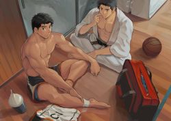 2boys abs bag ball bara barefoot basketball basketball_(object) black_hair brothers dgls dougi duffel_bag feet large_pectorals looking_at_viewer male_focus multiple_boys muscular nipples pectorals siblings sitting smile topless_male wooden_floor