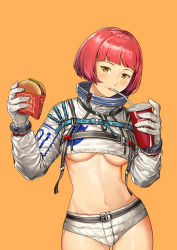 1girl blunt_bangs bob_cut breasts burger commentary cowboy_shot crop_top cup disposable_cup drinking english_commentary food gloves holding holding_cup holding_food joe_(j_studio) long_sleeves looking_at_viewer medium_breasts nasa_logo navel orange_background original purple_hair short_hair short_shorts shorts sitting solo stomach underboob white_gloves white_shorts yellow_eyes rating:Sensitive score:9 user:danbooru