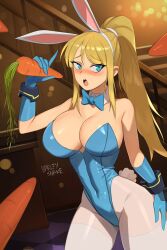  1girl animal_ears artist_name bare_shoulders barleyshake blonde_hair blue_bow blue_bowtie blue_eyes blue_gloves blue_leotard blush bow bowtie breasts carrot cleavage covered_navel cowboy_shot detached_collar fake_animal_ears fake_tail gloves highres index_finger_raised indoors large_breasts leotard long_hair looking_away metroid narrow_waist nintendo open_mouth pantyhose playboy_bunny ponytail rabbit_ears rabbit_tail samus_aran sexually_suggestive sidelocks sideways_glance solo_focus swept_bangs tail thighband_pantyhose traditional_bowtie white_pantyhose wrist_cuffs  rating:Sensitive score:64 user:danbooru