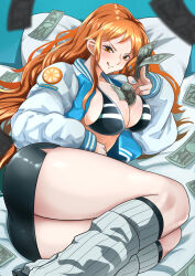  1girl absurdres alternate_costume bed_sheet bikini bikini_top_only black_bikini black_skirt blue_nails blush breasts cleavage commentary_request commission falling_money feet_out_of_frame food fruit highres holding holding_money jacket kneehighs large_breasts long_hair long_sleeves looking_at_viewer loose_socks lying mandarin_orange mandarin_orange_slice miniskirt money nail_polish nami_(one_piece) on_side one_piece open_clothes open_jacket orange_eyes orange_hair pencil_skirt pillow ribbed_socks skeb_commission skirt socks solo swimsuit thighs tongue tongue_out wavy_hair white_socks yamada_otonari 