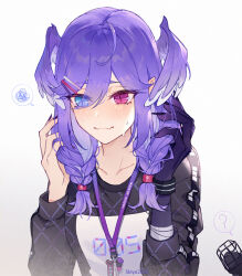  1girl artist_name asymmetrical_arms black_nails black_shirt blue_eyes blush braid closed_mouth dated ember_(selen_tatsuki) english_text fangs hair_ornament hairclip head_wings heterochromia kistina lanyard long_hair long_sleeves muzzle nijisanji nijisanji_en pink_eyes purple_hair selen_tatsuki selen_tatsuki_(1st_costume) shirt simple_background skin_fangs slit_pupils solo_focus spoken_squiggle squiggle sweat twin_braids upper_body virtual_youtuber white_background wings 