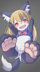  1girl absurdres akuma_gaoru animal_ear_fluff animal_ears animal_nose anus aoimua armpits arms_up bar_censor barefoot blonde_hair blush bottomless bow bowtie censored cleft_of_venus feet female_focus flat_chest furry furry_female futaba_channel grey_background highres huge_filesize loli long_hair looking_at_viewer lying navel on_back open_mouth pawpads pussy red_bow red_bowtie red_eyes simple_background slit_pupils solo stomach teeth wolf_ears wolf_girl 