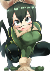 1girl asui_tsuyu black_eyes bodysuit boku_no_hero_academia boots breasts frog_girl gloves goggles goggles_on_head green_bodysuit green_hair hair_rings highres large_breasts long_hair long_sleeves looking_at_viewer low-tied_long_hair medium_breasts squatting thigh_boots thighhighs rating:Sensitive score:37 user:twilight_jester