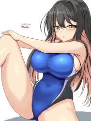  1girl black_hair blue_one-piece_swimsuit blush breasts competition_swimsuit cosplay covered_navel hair_between_eyes hair_ribbon highleg highres impossible_clothes impossible_swimsuit kantai_collection large_breasts long_hair looking_at_viewer montemasa multicolored_hair naganami_(kancolle) one-piece_swimsuit open_mouth pink_hair ribbon simple_background sitting smile solo swimsuit twitter_username two-tone_hair two-tone_swimsuit wavy_hair white_background yellow_eyes 