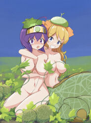  2girls :o absurdres arm_between_breasts between_breasts blonde_hair blue_eyes blush breasts collarbone commentary completely_nude convenient_censoring covering_crotch covering_privates day embarrassed english_commentary food food_on_head fruit grin hair_between_eyes hair_ribbon highres jashin-chan jashin-chan_dropkick kneeling lamia large_breasts leaf leaf_censor leaf_on_head long_hair looking_at_viewer medusa_(jashin-chan_dropkick) melon minos_drawfag monster_girl multiple_girls navel nude object_on_head open_mouth outdoors purple_eyes purple_hair ribbon seiza short_hair sitting sky smile yuri 