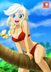  1girl applejack bikini blonde_hair braid breasts cleavage colored_skin freckles green_eyes long_hair looking_at_viewer medium_breasts my_little_pony my_little_pony:_equestria_girls my_little_pony:_friendship_is_magic open_mouth orange_skin personification ponytail red_bikini sitting smile solo swimsuit uotapo  rating:Sensitive score:41 user:indridcold13
