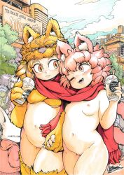  1boy 2girls :3 animal_ear_fluff animal_feet animal_hands artist_self-insert blonde_hair blush bottomless bra breasts bubble_tea cleft_of_venus clothed_male_nude_female cloud commentary_request commission cowboy_shot cup day exhibitionism fangs fox_girl fox_hat furry furry_male glaring highres holding holding_cup hood hood_down hoodie looking_at_another looking_to_the_side medium_bangs moonlight_flower multiple_girls navel nipples nude one_eye_closed open_mouth oratnir original outdoors pink_eyes pink_hair public_indecency public_nudity pussy ragnarok_online red_hoodie red_scarf scarf second-party_source shared_clothes shared_scarf short_hair small_breasts smile traditional_media tree uncensored underwear yellow_bra yellow_fur yuri zenra 