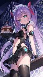  1girl :q ahoge aqua_eyes arm_belt bare_shoulders bison_cangshu black_gloves black_shirt black_skirt black_thighhighs breasts cake center_opening character_request closed_mouth clothing_cutout commentary_request food frilled_shirt frills gloves hair_ribbon highres holding holding_tray long_hair maid_headdress miniskirt navel original pleated_skirt purple_hair revealing_clothes ribbon shirt side_cutout skirt sleeveless sleeveless_shirt small_breasts smile solo stomach thighhighs thighs tongue tongue_out tray twintails very_long_hair zettai_ryouiki 