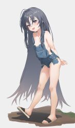  1girl absurdres arms_behind_back blue_eyes blush cutoff_overalls exposed_pocket feet grey_hair hair_between_eyes highres leaning_forward legs loli long_hair looking_at_viewer naked_overalls open_mouth original overall_shorts overalls sandals simple_background smile solo toenails toes very_long_hair zzzearly  rating:Questionable score:30 user:danbooru