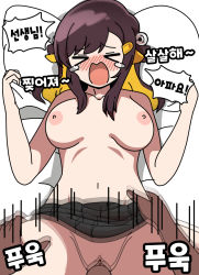  1boy 1girl bell black_skirt blonde_hair blush breasts brown_hair collarbone crying hair_bell hair_ornament highres korean_streamer korean_text medium_breasts missionary multicolored_hair navel on_bed open_mouth pain pillow pillow_grab pussy sex short_hair skirt streamer taemtaembeorin tagme tam_tambourine tears twintails two-tone_hair uncensored  rating:Explicit score:6 user:streamerhentai