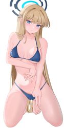  1girl absurdres barefoot bikini blonde_hair blue_archive blue_bikini blue_eyes blue_halo blush braid breasts closed_mouth collarbone expressionless fiftya full_body halo highres kneeling long_hair looking_at_viewer medium_breasts simple_background solo swimsuit thighs toki_(blue_archive) v very_long_hair white_background 