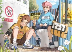 2boys baiyun_(13487) bird bottle chinese_commentary commentary_request highres morning multiple_boys original outdoors red_hair saliva saliva_trail short_hair shorts sign sitting socks squatting toilet unzipping water water_bottle rating:Questionable score:23 user:danbooru