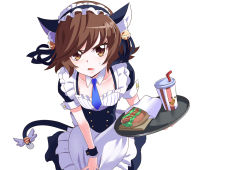  1girl akatsu_masato alternate_costume animal_ears apron bell blue_necktie blush brown_eyes brown_hair cat_ears cat_tail embarrassed enmaided hair_bell hair_ornament maid maid_apron maid_headdress necktie open_mouth puffy_short_sleeves puffy_sleeves short_hair short_sleeves solo sweatdrop tail tail_bell tail_ornament tray wrist_cuffs yu-gi-oh! yu-gi-oh!_vrains yuu-gi-ou yuu-gi-ou_vrains zaizen_aoi 