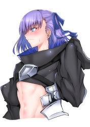 10s 1girl absurdres blue_eyes blue_ribbon blush closed_mouth fate/extra fate/extra_ccc fate_(series) gggg hair_ribbon highres long_hair long_sleeves meltryllis_(fate) navel profile purple_hair ribbon solo stomach sweat upper_body wide_sleeves rating:Sensitive score:22 user:danbooru