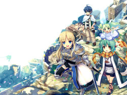 1boy 3girls :d ahoge armor belt bike_shorts black_legwear blonde_hair blue_eyes blue_hair blush buckle cross-laced_footwear dress fairy fairy_wings fantasy gauntlets greaves green_eyes green_hair hair_ribbon hand_on_own_hip highres hiiro_yuki hip_focus instrument knight long_hair multiple_girls ocarina open_mouth original pauldrons petals pointy_ears ribbon scarf sheath short_hair shoulder_armor size_difference skirt sleeves_past_wrists smile staff striped_clothes striped_scarf sword thighhighs twintails walking weapon wings yellow_eyes zettai_ryouiki rating:Sensitive score:8 user:danbooru