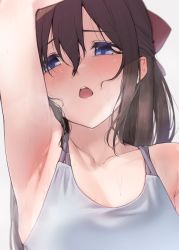 1girl arm_up armpit_focus armpits blue_eyes blush bow brown_hair collarbone commentary_request hair_between_eyes hair_bow highres long_hair looking_at_viewer love_live! love_live!_nijigasaki_high_school_idol_club nasuno_(nasuno42) open_mouth osaka_shizuku red_bow shirt simple_background solo sweat teeth upper_body upper_teeth_only white_background white_shirt rating:Sensitive score:89 user:danbooru