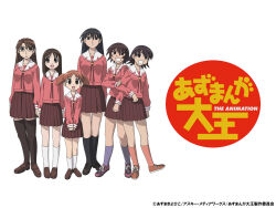  6+girls :d arm_at_side arms_at_sides artist_name azuma_kiyohiko azumanga_daiou black_eyes black_hair black_socks black_thighhighs bob_cut breasts brown_eyes brown_footwear brown_hair closed_mouth commentary copyright_name copyright_notice everyone expressionless full_body grin hair_between_eyes hand_on_another&#039;s_arm height_difference highres kagura_(azumanga_daioh) kasuga_ayumu kneehighs large_breasts loafers long_hair long_sleeves looking_ahead looking_at_viewer looking_down looking_to_the_side medium_breasts medium_hair mihama_chiyo mizuhara_koyomi multiple_girls neck_ribbon official_art open_mouth parted_lips pink_ribbon pink_serafuku pink_shirt pink_socks pleated_skirt promotional_art purple_socks red_footwear red_hair red_skirt ribbon sailor_collar sakaki_(azumanga_daioh) school_uniform serafuku shirt shoes short_hair short_twintails side-by-side simple_background skirt small_breasts smile sneakers socks standing takino_tomo thighhighs translated twintails v_arms very_long_hair white_background white_sailor_collar white_socks winter_uniform worried zettai_ryouiki 