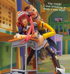  1boy 1girl action_figure airi_(queen&#039;s_blade) black_socks boots closed_eyes cowboy cowboy_boots cowboy_western desk full_body hand_on_head hand_on_own_hip hetero highres implied_sex kneehighs leaning_forward maid panties panties_around_leg panty_pull photo_(medium) pink_hair queen&#039;s_blade school_desk sex sex_from_behind sheriff_woody socks standing text_focus thighhighs torn_clothes torn_legwear toy toy_story twintails underwear western white_panties  rating:Explicit score:24 user:BadTasteToybox