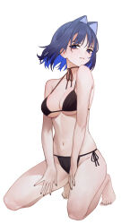  1girl armpit_crease barefoot bikini black_bikini black_nails blue_eyes blue_hair breasts collarbone colored_inner_hair commentary elppi full_body hair_intakes hands_on_own_thighs hashtag-only_commentary highres hololive hololive_english kneeling large_breasts multicolored_hair navel ouro_kronii ouro_kronii_(1st_costume) short_hair simple_background solo stomach swimsuit teeth thighs virtual_youtuber white_background 