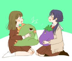  2girls :o ankle_socks black_socks blue_hair blue_ribbon blunt_bangs blush braid brown_cardigan brown_dress brown_hair cardigan center-flap_bangs closed_eyes commentary_request dark_blue_hair dinosaur dress eggplant green_background hair_ribbon hasu_no_sora_school_uniform holding holding_stuffed_toy kachimachi_kosuzu kase_(ks_lys) lightning_bolt_symbol link!_like!_love_live! long_hair long_sleeves looking_at_another love_live! low_twintails medium_dress mole mole_on_neck multiple_girls murano_sayaka neckerchief no_shoes notice_lines open_cardigan open_clothes open_mouth pink_eyes pleated_dress profile red_neckerchief ribbon sailor_collar sailor_dress school_uniform seiza side_braids sideways_mouth simple_background sitting smile socks straight_hair stuffed_dinosaur stuffed_eggplant stuffed_toy twintails two-tone_background v-shaped_eyebrows virtual_youtuber white_background white_sailor_collar white_socks winter_uniform yellow_neckerchief 