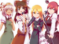  4girls asatsuki_(cookie) ascot black_coat black_gloves black_skirt black_vest blonde_hair blush bow braid breasts brown_eyes brown_hair buttons closed_eyes closed_mouth coat collared_shirt commentary_request cookie_(touhou) cowboy_shot detached_sleeves facepaint fake_wings feather_hair_ornament feathers frilled_bow frilled_sleeves frills gloves green_skirt green_vest grin hair_between_eyes hair_bow hair_ornament hairband hakurei_reimu head_wings holding holding_microphone holding_microphone_stand kanna_(cookie) kirisame_marisa koakuma kochiko_(cookie) konpaku_youmu large_breasts long_hair long_sleeves looking_at_viewer microphone microphone_stand multiple_girls music necktie one_eye_closed open_mouth puffy_short_sleeves puffy_sleeves purple_bow red_bow red_eyes red_hair red_necktie red_shirt red_skirt rei_(cookie) ribbon-trimmed_sleeves ribbon_trim shirt short_sleeves side_braid simple_background singing single_braid skirt skirt_set sleeveless sleeveless_shirt smile third-party_source touhou tsukemen_(nicoseiga70382510) vest white_background white_shirt white_sleeves wings yellow_ascot yellow_eyes yellow_hairband 