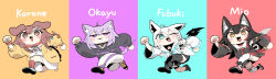  4girls :3 :d absurdres ahoge animal_ear_fluff animal_ears aqua_background aqua_eyes aqua_neckerchief black_hair black_jacket black_skirt black_thighhighs blush bone_hair_ornament braid brown_eyes brown_hair cat_ears cat_girl cat_tail character_name chibi clenched_hands cocomayo29_(tomato) collar commentary_request crossed_bangs detached_sleeves dog_ears dog_girl dog_tail fang fox_ears fox_girl fox_tail full_body hair_between_eyes hair_ornament highres hololive hololive_gamers inugami_korone inugami_korone_(1st_costume) jacket korean_commentary kouhaku_nawa long_hair long_sleeves looking_at_viewer medium_hair multicolored_background multicolored_hair multiple_girls neckerchief nekomata_okayu nekomata_okayu_(1st_costume) one_eye_closed ookami_mio ookami_mio_(1st_costume) open_mouth orange_background pants pleated_skirt purple_background purple_eyes purple_hair red_background red_collar red_hair red_neckerchief red_socks red_wristband rope sailor_collar shimenawa shirakami_fubuki shirakami_fubuki_(1st_costume) side_braid single_thighhigh skirt smile socks streaked_hair tail thighhighs twin_braids virtual_youtuber white_hair white_pants white_thighhighs wolf_ears wolf_girl wolf_tail yellow_eyes yellow_jacket 
