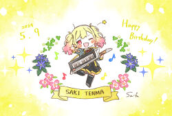  1girl :d black_skirt black_thighhighs blonde_hair blue_flower blush_stickers character_name chibi chibi_only dated eighth_note flower full_body gradient_hair grey_jacket happy_birthday highres holding holding_instrument instrument jacket keyboard_(instrument) long_hair looking_at_viewer miniskirt multicolored_hair musical_note neck_ribbon one_eye_closed open_mouth painting_(medium) pink_eyes pink_flower pink_hair pleated_skirt project_sekai red_ribbon ribbon sa-fu_(sfmk39) sidelocks simple_background skirt smile solo sparkle tenma_saki thighhighs traditional_media twintails watercolor_(medium) yellow_background zettai_ryouiki 