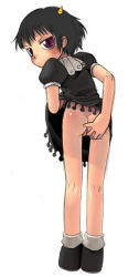  1girl ass black_hair blush cleft_of_venus clothes_lift dress dress_lift eroe female_focus full_body horns kneepits konjiki_no_gash!! laila_(konjiki_no_gash!!) lifted_by_self loli looking_at_viewer looking_back no_panties oni_horns open_mouth puffy_short_sleeves puffy_sleeves purple_eyes pussy shoes short_hair short_sleeves simple_background socks solo standing uncensored white_background 