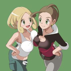  2girls alexa_(pokemon) blonde_hair breast_press breasts cleavage collarbone commentary_request creatures_(company) earrings game_freak green_background green_eyes hand_on_own_hip highres jewelry large_breasts long_hair midriff multiple_girls navel nintendo pokemon pokemon_xy refuto siblings simple_background sisters smile thighs viola_(pokemon)  rating:Sensitive score:44 user:danbooru