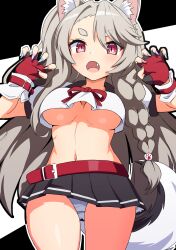  1girl animal_ears azur_lane belt blush breasts claw_pose crop_top fang fingerless_gloves gloves grey_hair groin highres kei_fukamiki large_breasts long_hair microskirt multicolored_nails nail_polish navel open_mouth oppai_loli panties paw_print pink_eyes side-tie_panties simple_background skirt slit_pupils smile solo tail thick_eyebrows underboob underwear very_long_hair white_panties wolf_ears wolf_girl wolf_tail wrist_cuffs yuudachi_(azur_lane)  rating:Sensitive score:34 user:Chronoes