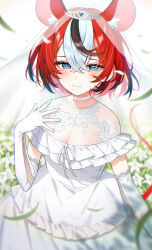1girl absurdres alternate_costume animal_ear_fluff animal_ears aotake_iro black_hair blue_eyes blush bridal_veil choker cropped_arms cropped_legs diamond_earrings double-parted_bangs dress earrings elbow_gloves field fishnets flower flower_field frills gloves grass hakos_baelz hand_up highres holocouncil hololive hololive_english jewelry lily_(flower) looking_at_viewer mouse_ears mouse_girl multicolored_hair open_hand red_hair short_hair smile solo tiara veil virtual_youtuber wedding_dress white_choker white_dress white_flower white_gloves white_hair