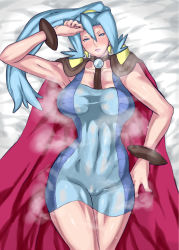  00s 1990s_(style) 1girl alternate_color arm_up armpits bare_arms bed bed_sheet blue_eyes blue_hair bodysuit boots bracelet breasts cameltoe cape clair_(pokemon) collarbone creatures_(company) earrings epaulettes game_freak gem gloves gym_leader high_ponytail highres hip_focus jewelry knee_boots kneepits large_breasts legs lips long_hair looking_back lying matching_hair/eyes nintendo on_back pearl_(gemstone) pokemon pokemon_gsc pokemon_hgss ponytail retro_artstyle shoulder_pads solo steam sweat uya_(yurukah) wide_hips  rating:Questionable score:52 user:banna1109