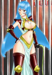  1girl blue_hair breasts cleavage duel_monster elbow_gloves facial_mark gloves large_breasts long_hair navel niiitinnsura red_eyes shadow_tamer weapon whip yu-gi-oh! yuu-gi-ou yu-gi-oh!_duel_monsters  rating:Sensitive score:13 user:Cosby_