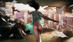  1girl 3boys ass back battle black_hair bottomless building city cityscape collateral_damage destruction epic from_behind glasses hospital_gown lab_coat long_hair multiple_boys no_panties original randis realistic scar scenery veins  rating:Questionable score:92 user:danbooru