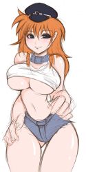  1girl bad_anatomy bare_shoulders black_eyes blush breasts capcom collar cowboy_shot cutoffs denim denim_shorts final_fight hair_between_eyes hands_on_own_hips hat large_breasts light_smile long_hair looking_at_viewer midriff narrow_waist naughty_face navel no_bra orange_hair peaked_cap roxy_(final_fight) short_shorts shorts simple_background sketch smile solo standing street_fighter tank_top thick_thighs thigh_gap thighs underboob white_background  rating:Explicit score:28 user:danbooru