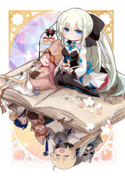  3boys 4girls aesc_(fate) aesc_(savior)_(fate) ahoge armor black_bow black_dress black_footwear blonde_hair blue_eyes blue_hair blue_ribbon book bookmark boots bow breastplate breasts character_request cleavage closed_eyes commentary_request cu_chulainn_(fate) cup dog dress ector_(fate) facial_hair fate/grand_order fate_(series) flower grey_hair habetrot_(fate) hair_bow hat helm helmet highres holding holding_cup holding_saucer long_hair looking_at_viewer morgan_le_fay_(fate) multiple_boys multiple_girls mustache neck_ribbon open_book open_mouth pincushion pink_hair ponytail puff_of_air ribbon saucer setanta_(fate) shio_kuzumochi sidelocks sitting sleeping smile tea teacup thigh_boots tiered_tray very_long_hair white_flower yokozuwari |_| 